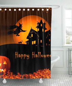 Witch Castle And Spooky Halloween Pumpkin Shower Curtain For All Saints' Day Bathroom Decor