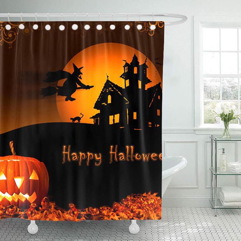 Witch Castle And Spooky Halloween Pumpkin Shower Curtain For All Saints' Day Bathroom Decor