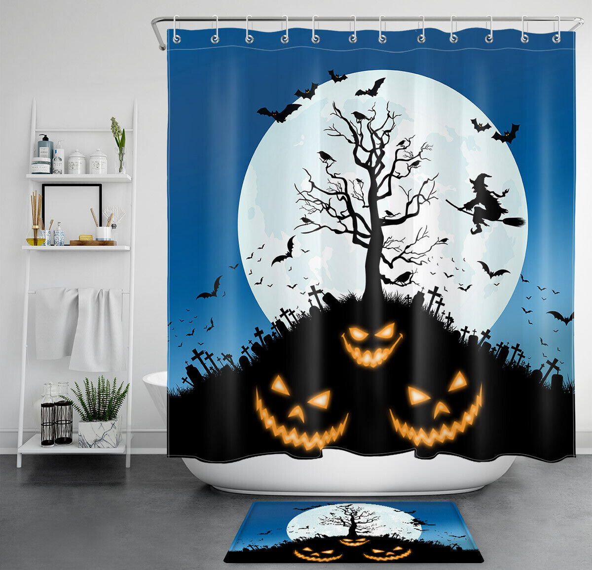 Witch Cemetery Pumpkin Halloween Shower Curtain - Classic Halloween Design
