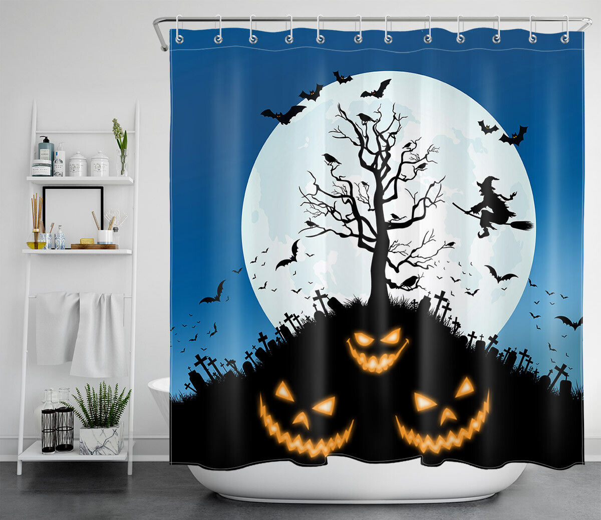 Witch Cemetery Pumpkin Halloween Shower Curtain - Classic Halloween Design