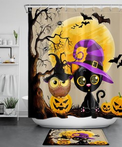 Witch Hat Owl Cat Pumpkin Halloween Shower Curtain - Spooky Bathroom Accessories