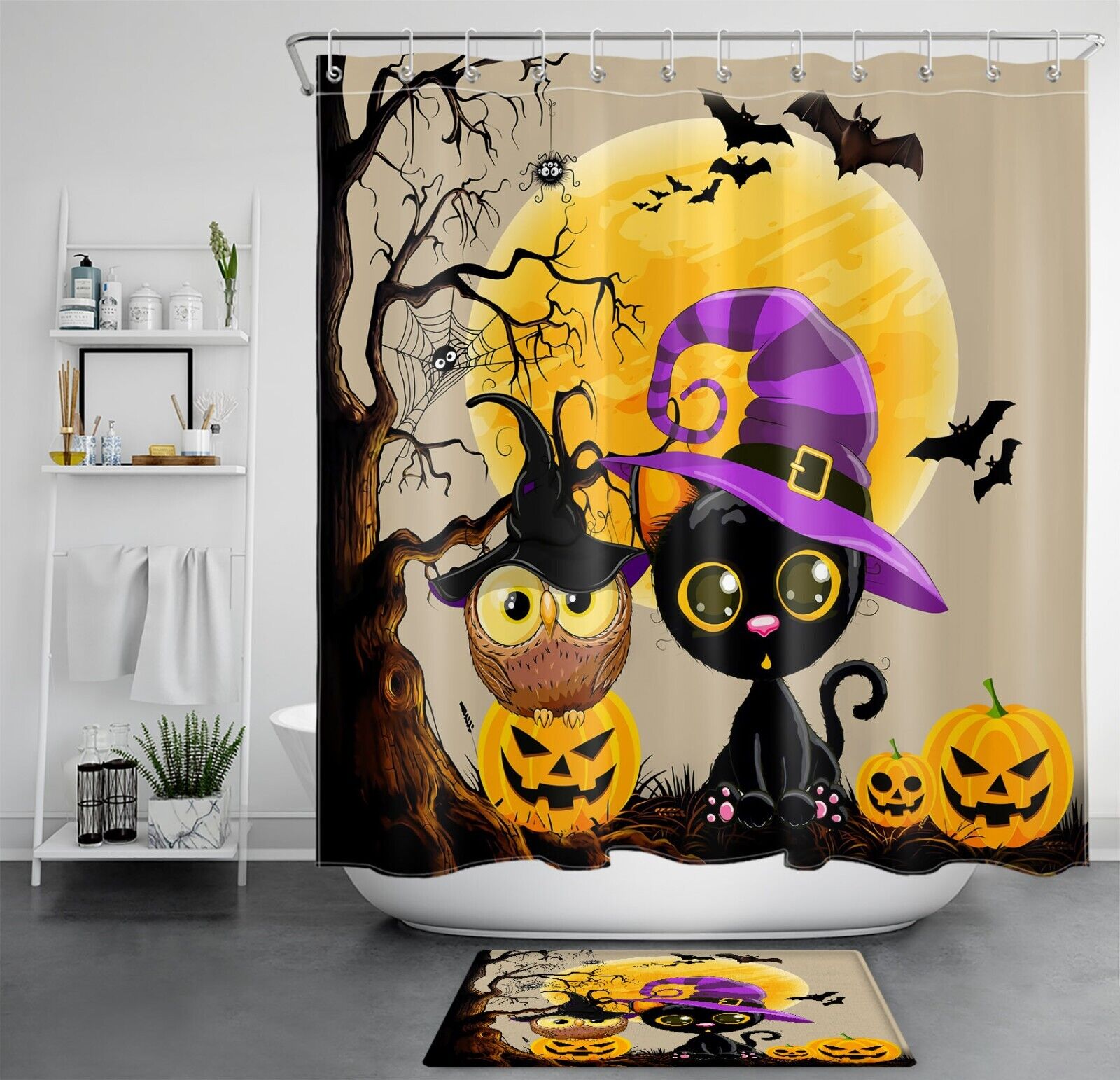 Witch Hat Owl Cat Pumpkin Halloween Shower Curtain - Spooky Bathroom Accessories