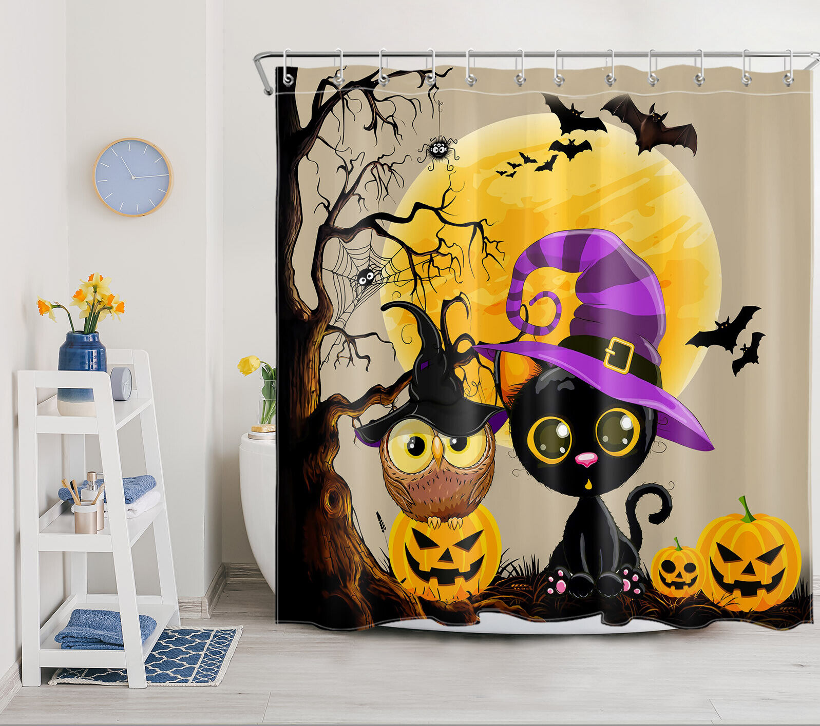 Witch Hat Owl Cat Pumpkin Halloween Shower Curtain - Spooky Bathroom Accessories - Image 2