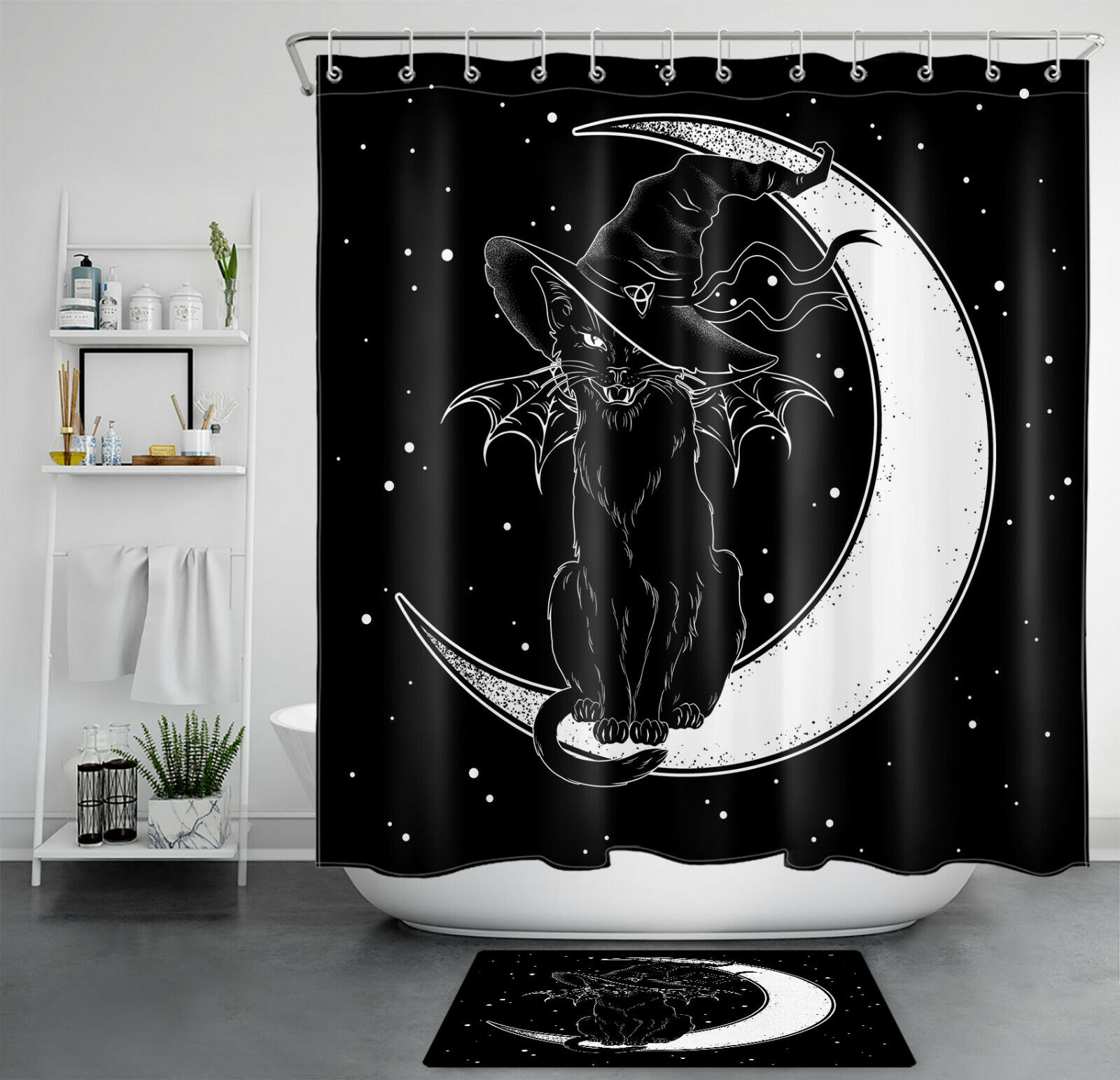 Witch Hat Stars And Black Cat Silhouette On Spooky Halloween Shower Curtain