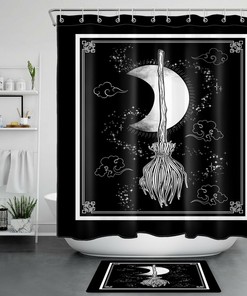 Witch Magic Broom And Moon Shower Curtain For Bathroom