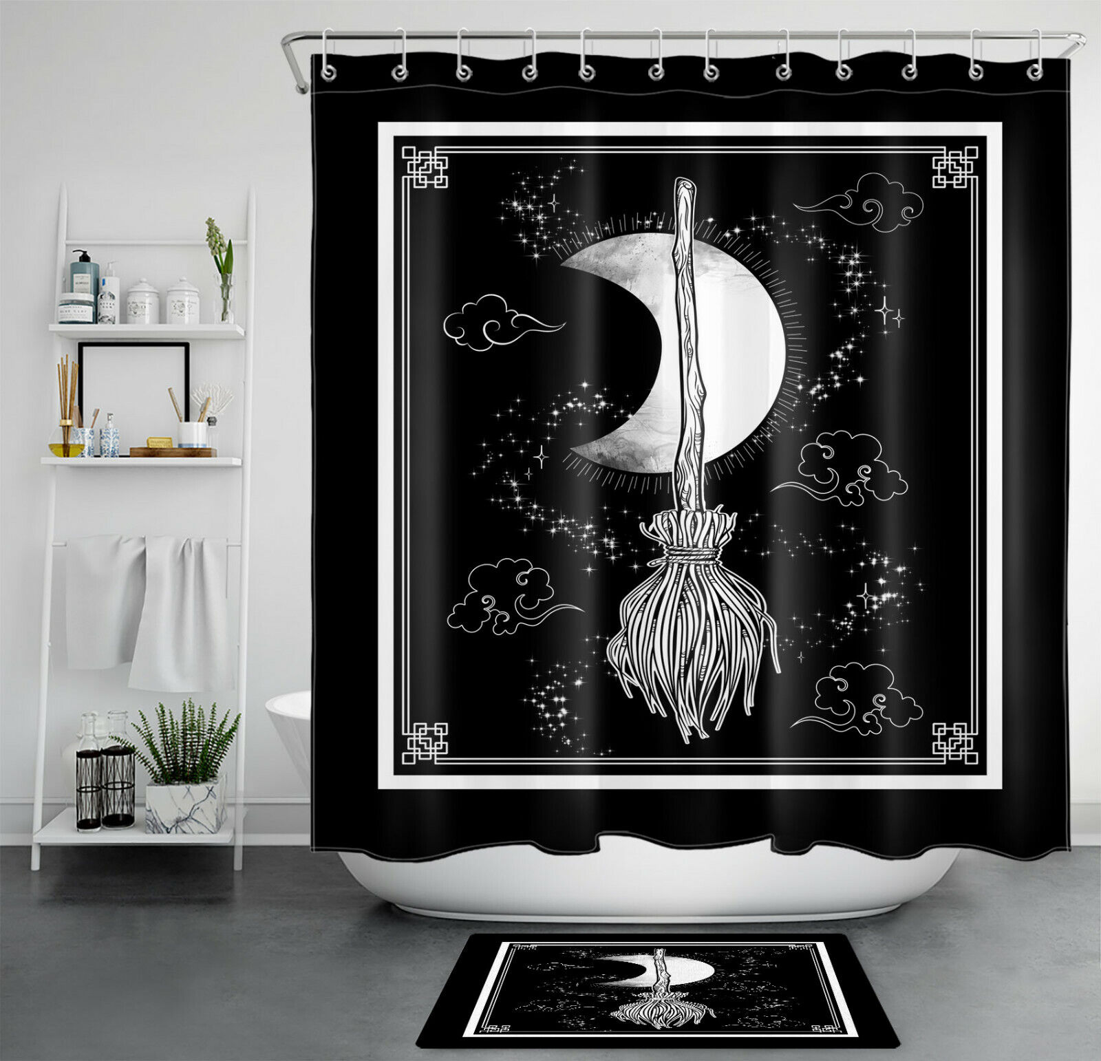 Witch Magic Broom And Moon Shower Curtain For Bathroom