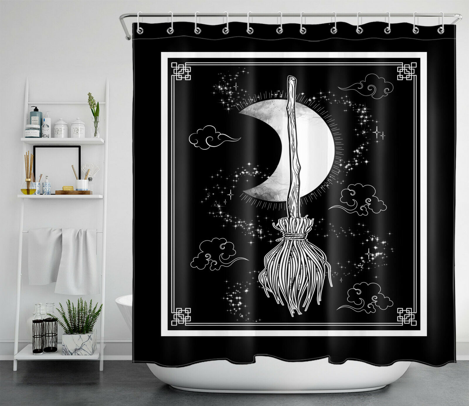 Witch Magic Broom And Moon Shower Curtain For Bathroom - Image 2