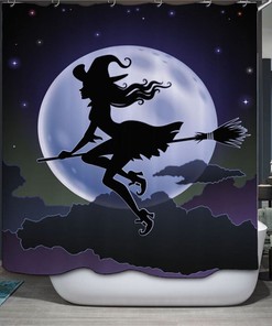 Witch On Broom And Moon Halloween Shower Curtain - Fabric Decoration For Bathroom