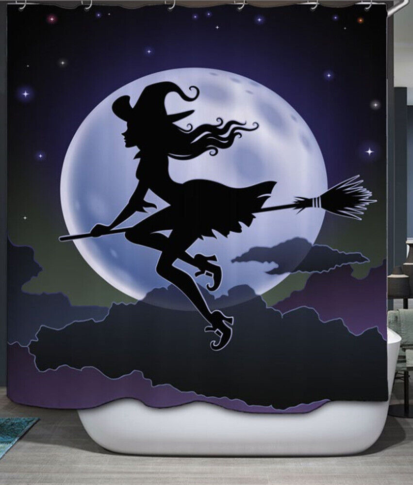 Witch On Broom And Moon Halloween Shower Curtain - Fabric Decoration For Bathroom