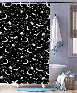Witchy Bat And Moon Shower Curtain With Gothic Print For Bathroom 