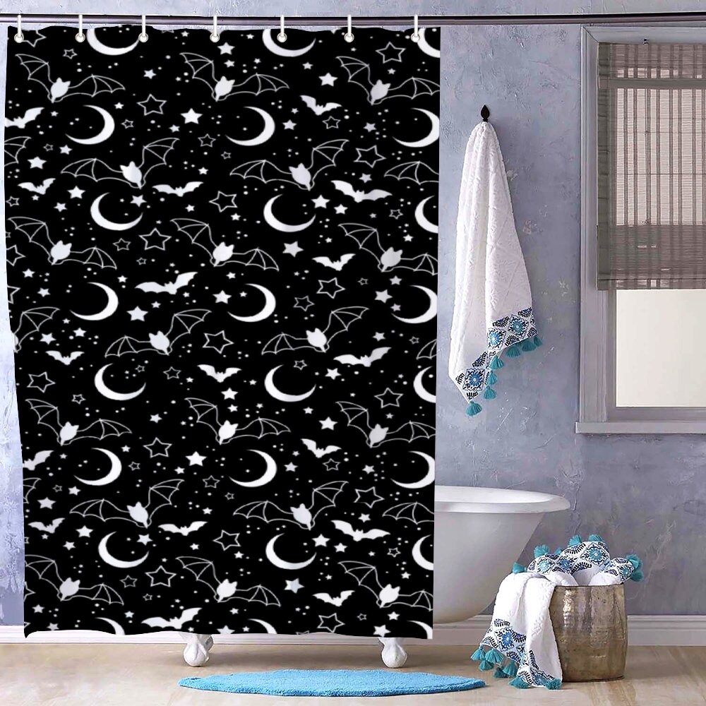 Witchy Bat And Moon Shower Curtain With Gothic Print For Bathroom