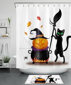 Witchy Black Cat Pumpkin Shower Curtain - Perfect For Halloween Bathrooms
