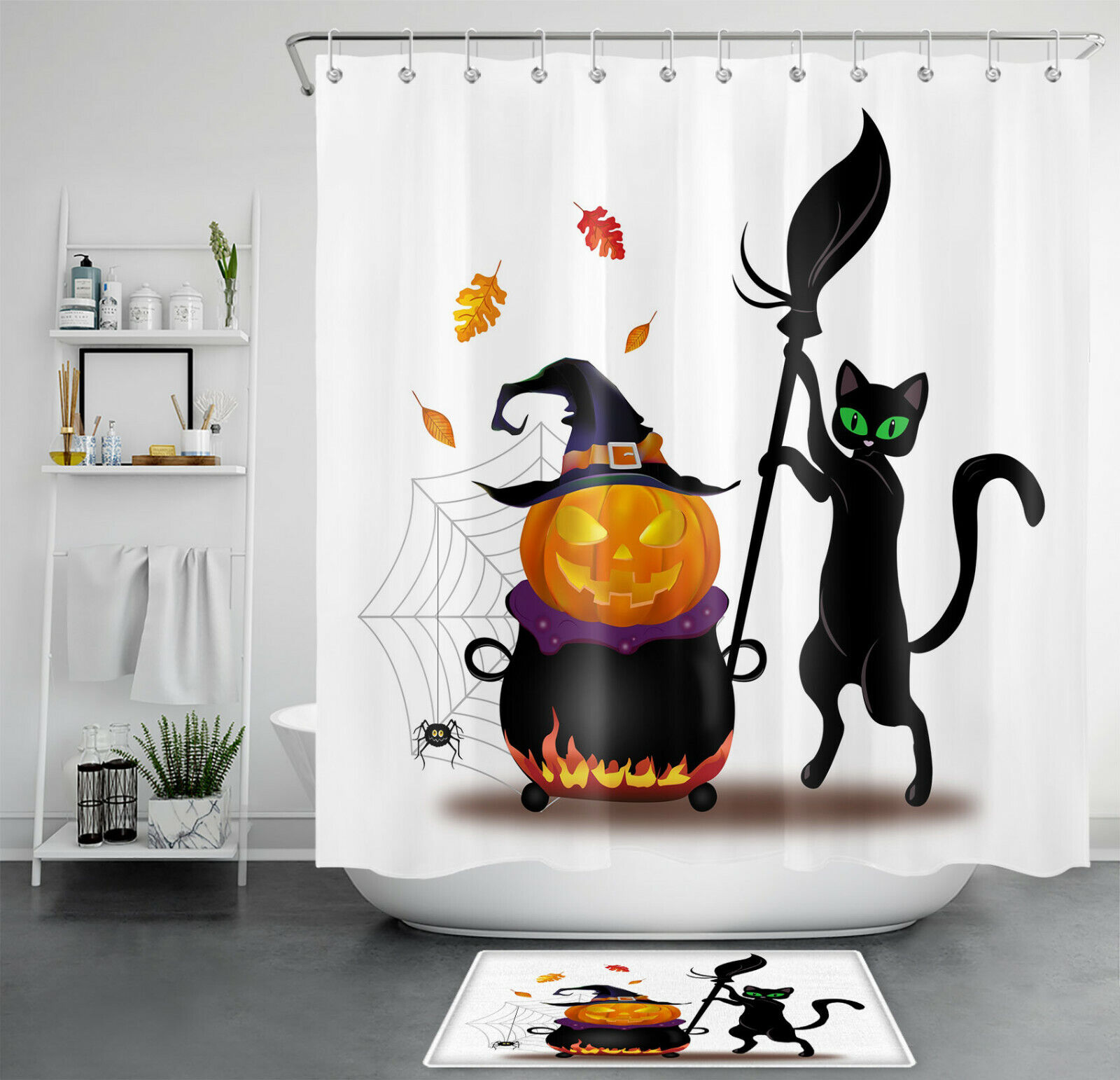 Witchy Black Cat Pumpkin Shower Curtain - Perfect For Halloween Bathrooms