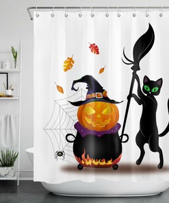 Witchy Black Cat Pumpkin Shower Curtain - Perfect For Halloween Bathrooms