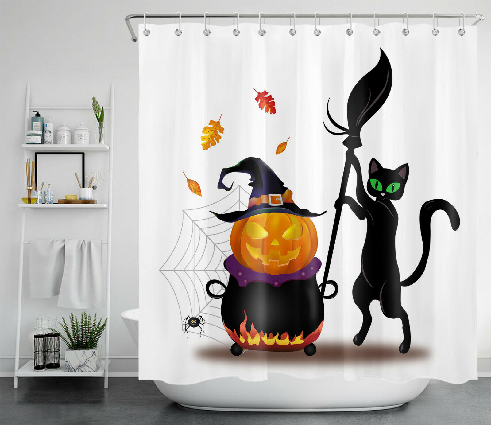 Witchy Black Cat Pumpkin Shower Curtain - Perfect For Halloween Bathrooms