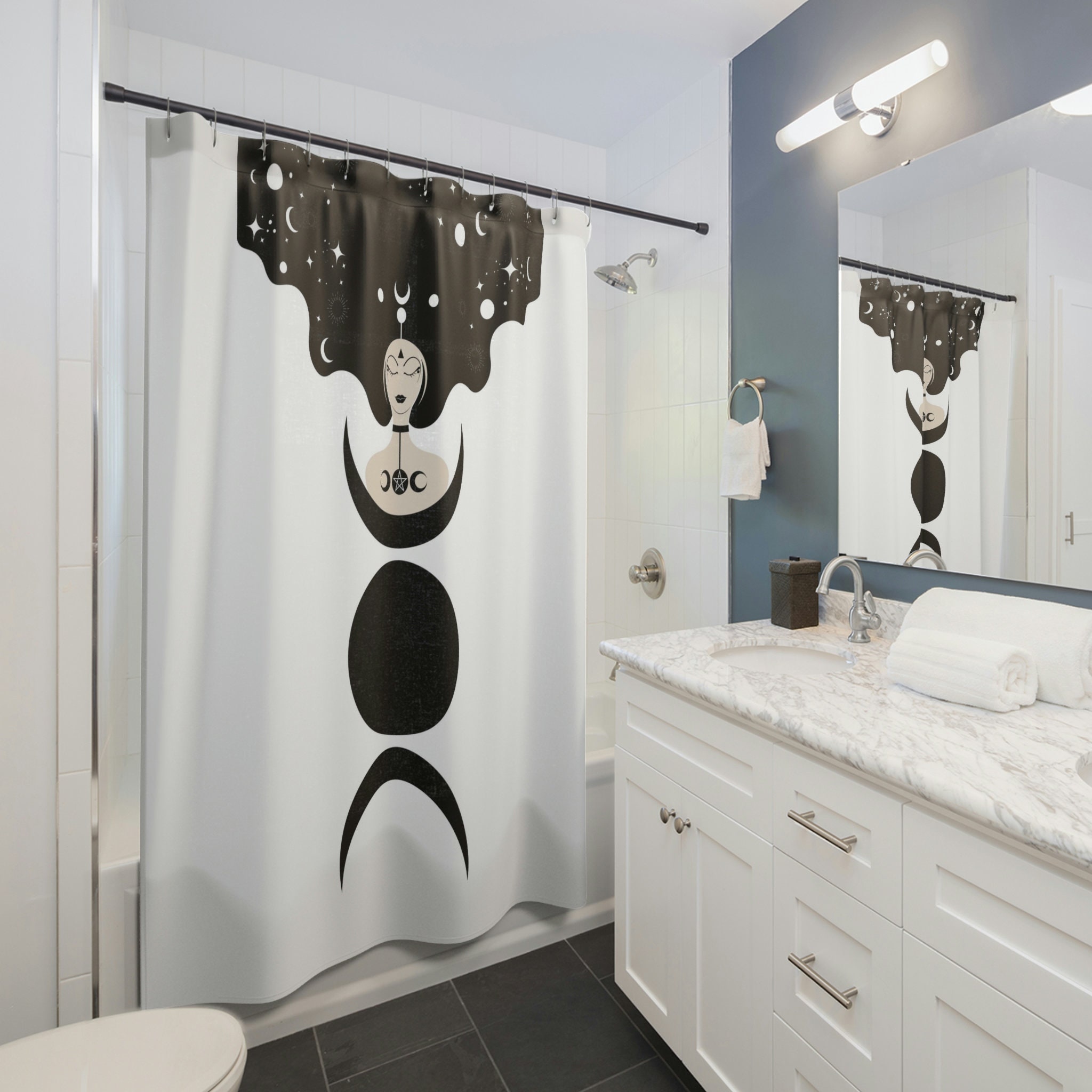 Witchy Black and White Shower Curtain for Gothic Bathroom Design