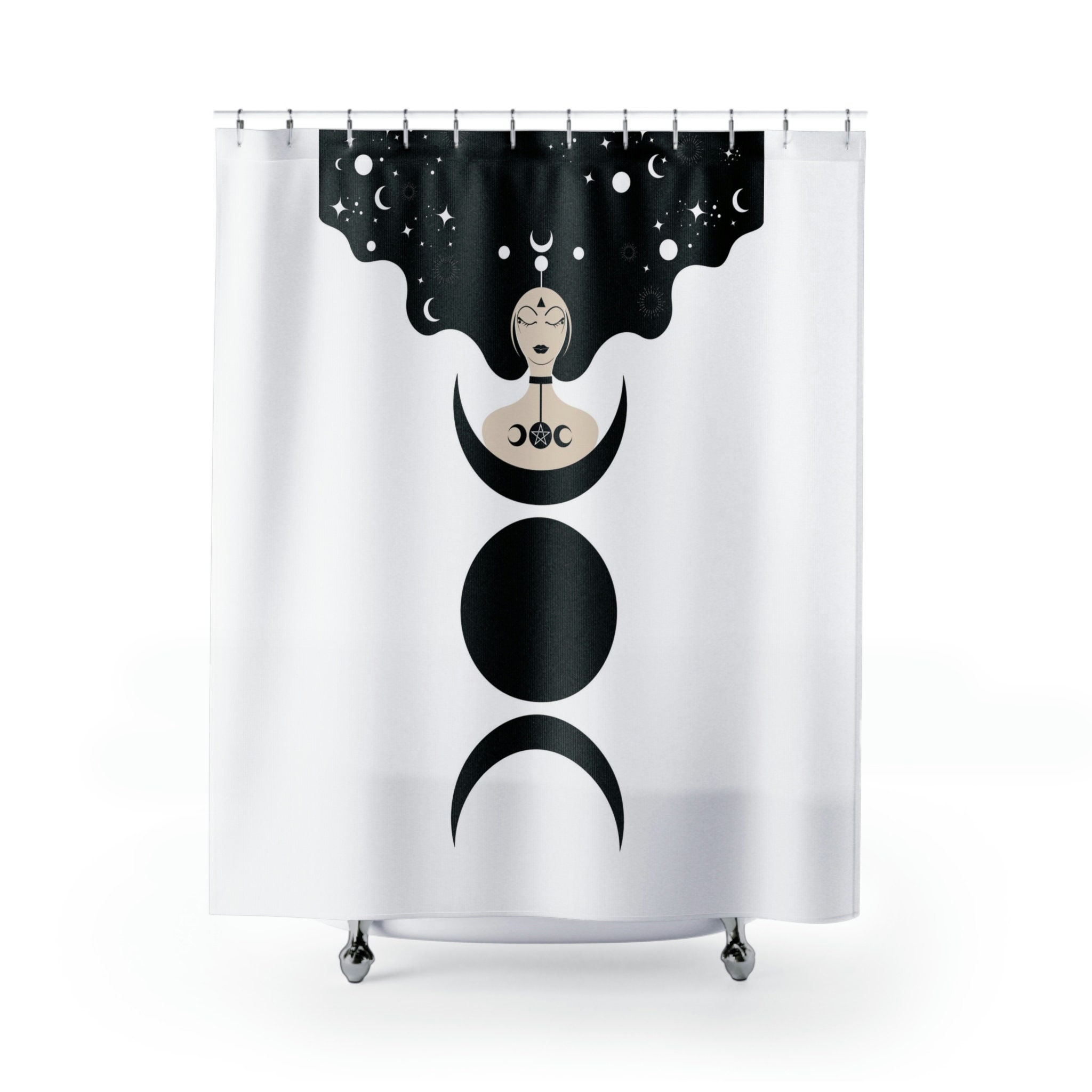 Witchy Black and White Shower Curtain for Gothic Bathroom Design