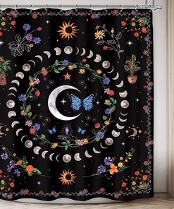 Witchy Boho Moon Phase Shower Curtain with Abstract Butterfly and Black Prints for Aesthetic Vibes
