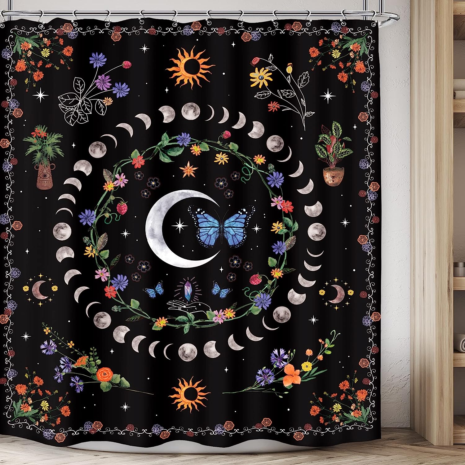Witchy Boho Moon Phase Shower Curtain with Abstract Butterfly and Black Prints for Aesthetic Vibes