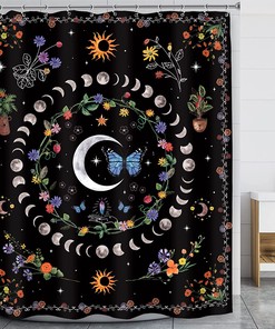 Witchy Boho Moon Phase Shower Curtain with Abstract Butterfly and Black Prints for Aesthetic Vibes