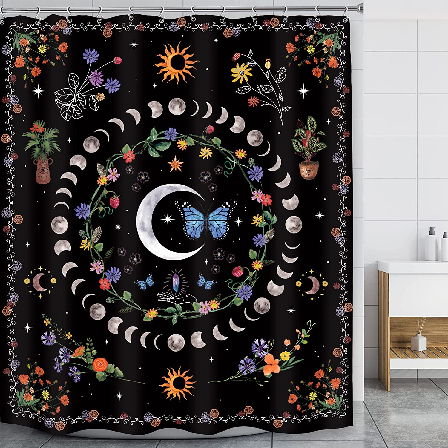 Witchy Boho Moon Phase Shower Curtain with Abstract Butterfly and Black Prints for Aesthetic Vibes