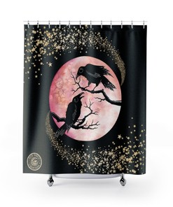 Witchy Crow & Shooting Star Bath Curtain, Raven Celestial Goth Night Bird Blood Moon Bathroom Decor