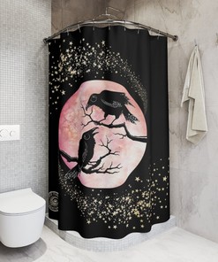 Witchy Crow & Shooting Star Bath Curtain, Raven Celestial Goth Night Bird Blood Moon Bathroom Decor