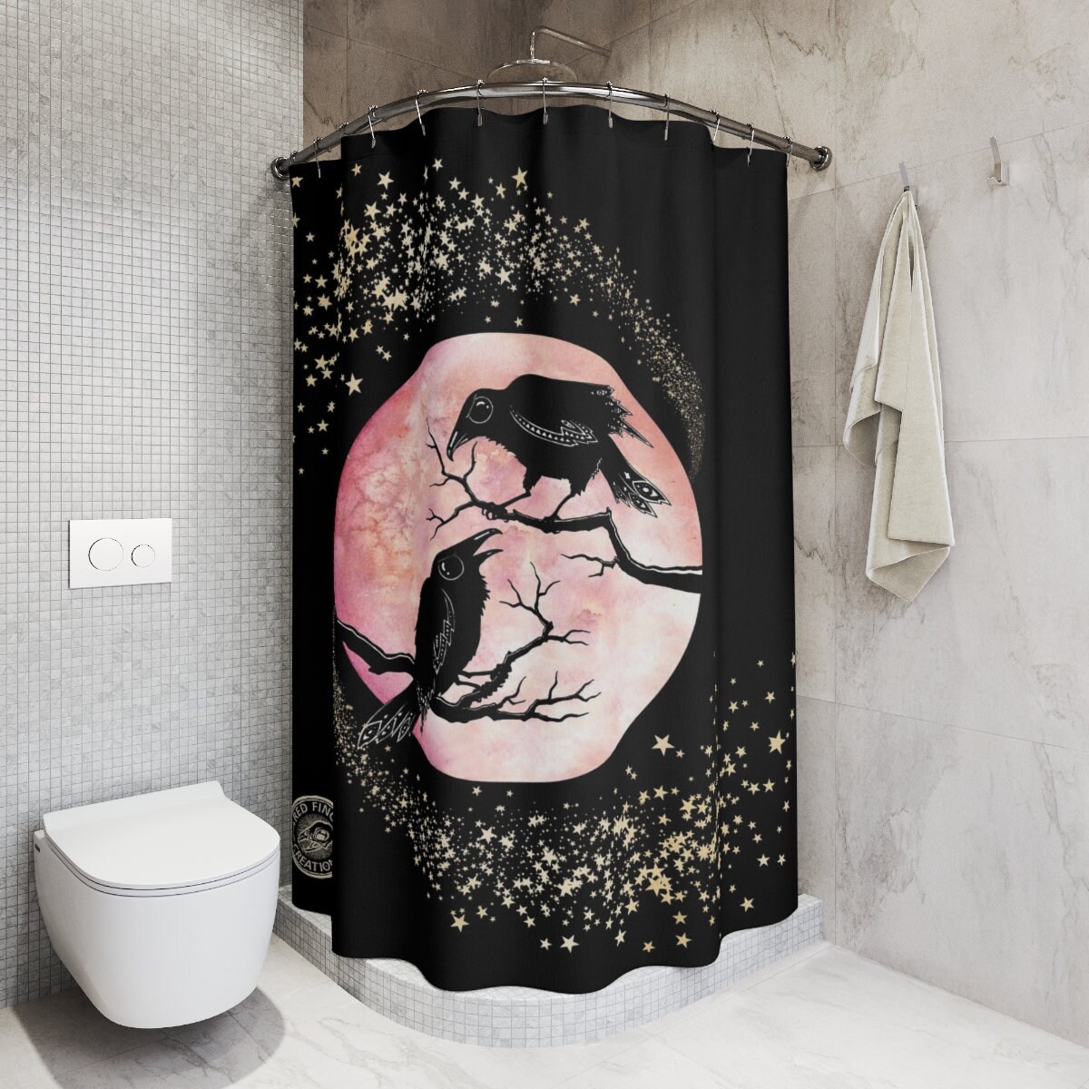 Witchy Crow & Shooting Star Bath Curtain, Raven Celestial Goth Night Bird Blood Moon Bathroom Decor