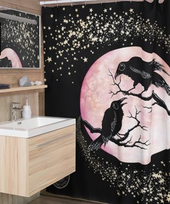 Witchy Crow & Shooting Star Bath Curtain, Raven Celestial Goth Night Bird Blood Moon Bathroom Decor