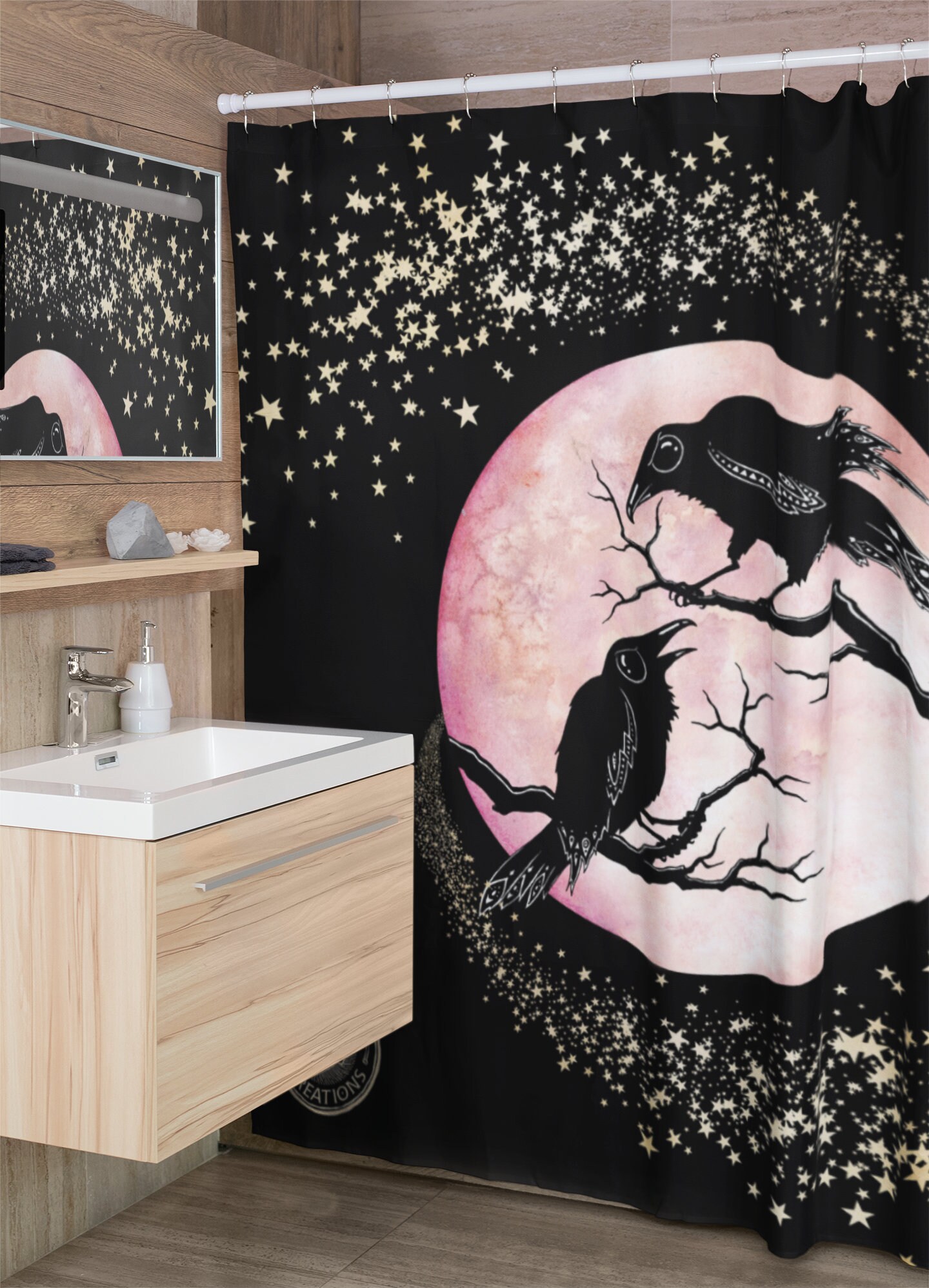 Witchy Crow & Shooting Star Bath Curtain, Raven Celestial Goth Night Bird Blood Moon Bathroom Decor