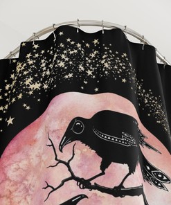 Witchy Crow & Shooting Star Bath Curtain, Raven Celestial Goth Night Bird Blood Moon Bathroom Decor