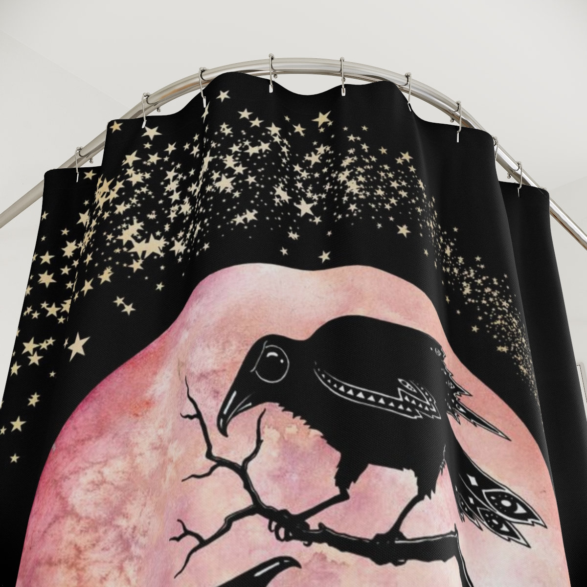 Witchy Crow & Shooting Star Bath Curtain, Raven Celestial Goth Night Bird Blood Moon Bathroom Decor