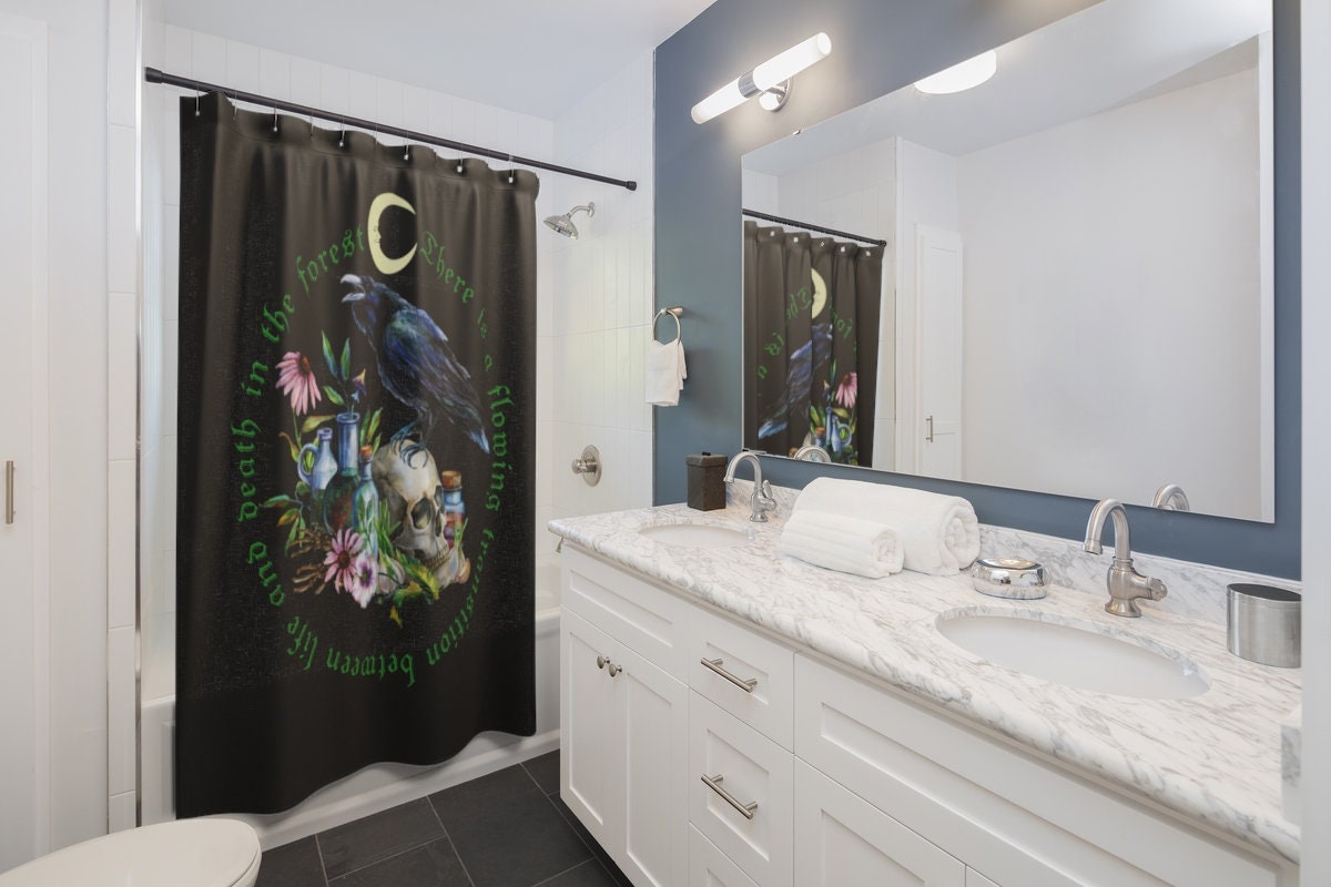 Witchy Forest Shower Curtain With Alchemy & Gothic Life And Death Quote - Image 2