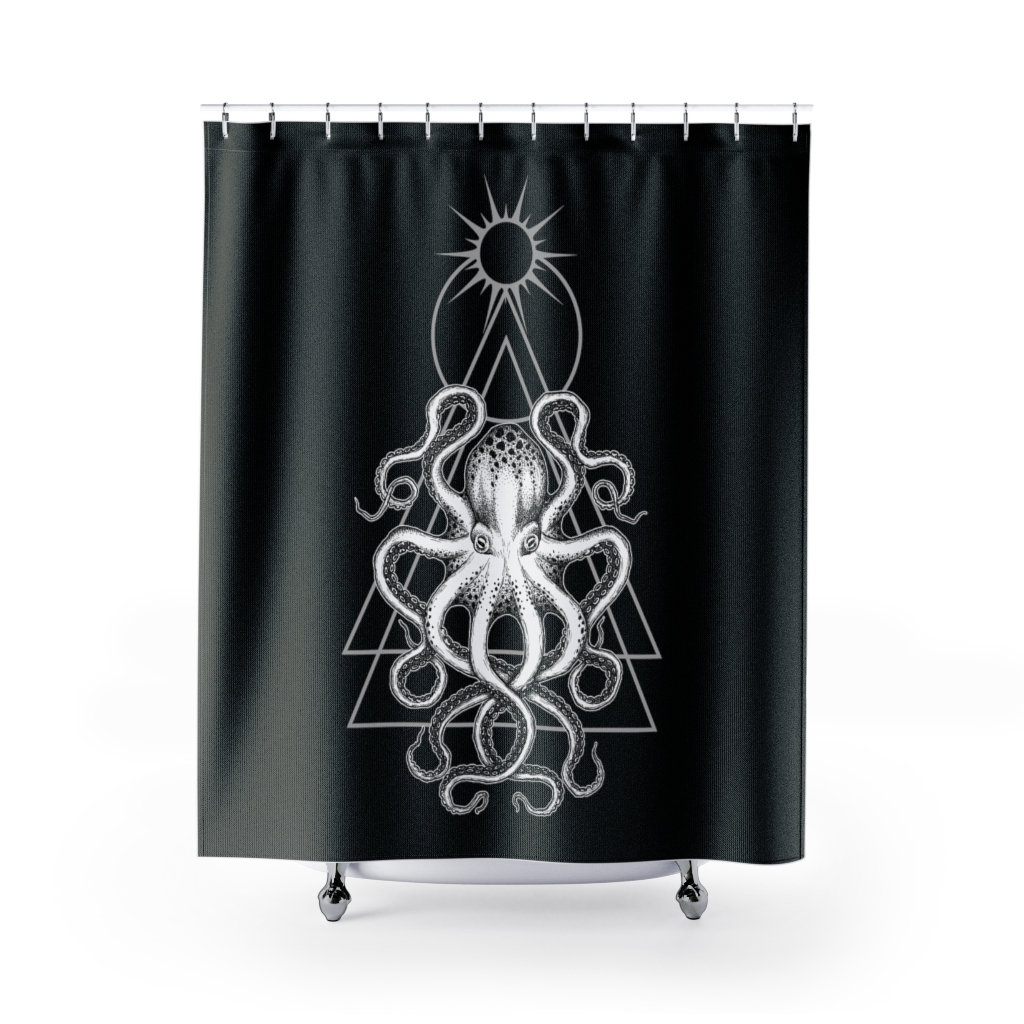 Witchy Octopus Shower Curtain - Gothic Pagan Squid Shower Accent for Sea Witch Bathroom Decor