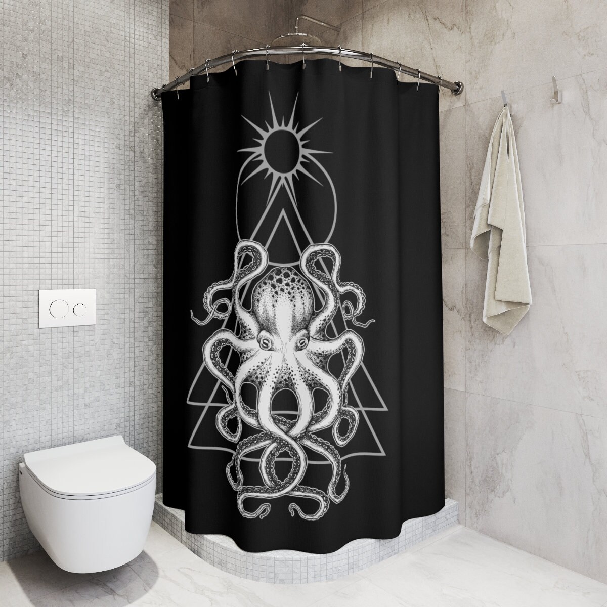 Witchy Octopus Shower Curtain - Gothic Pagan Squid Shower Accent for Sea Witch Bathroom Decor