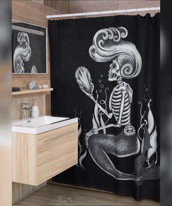 Witchy Shower Curtain With Skeleton Mermaid And Mystic Print For Bathroom 