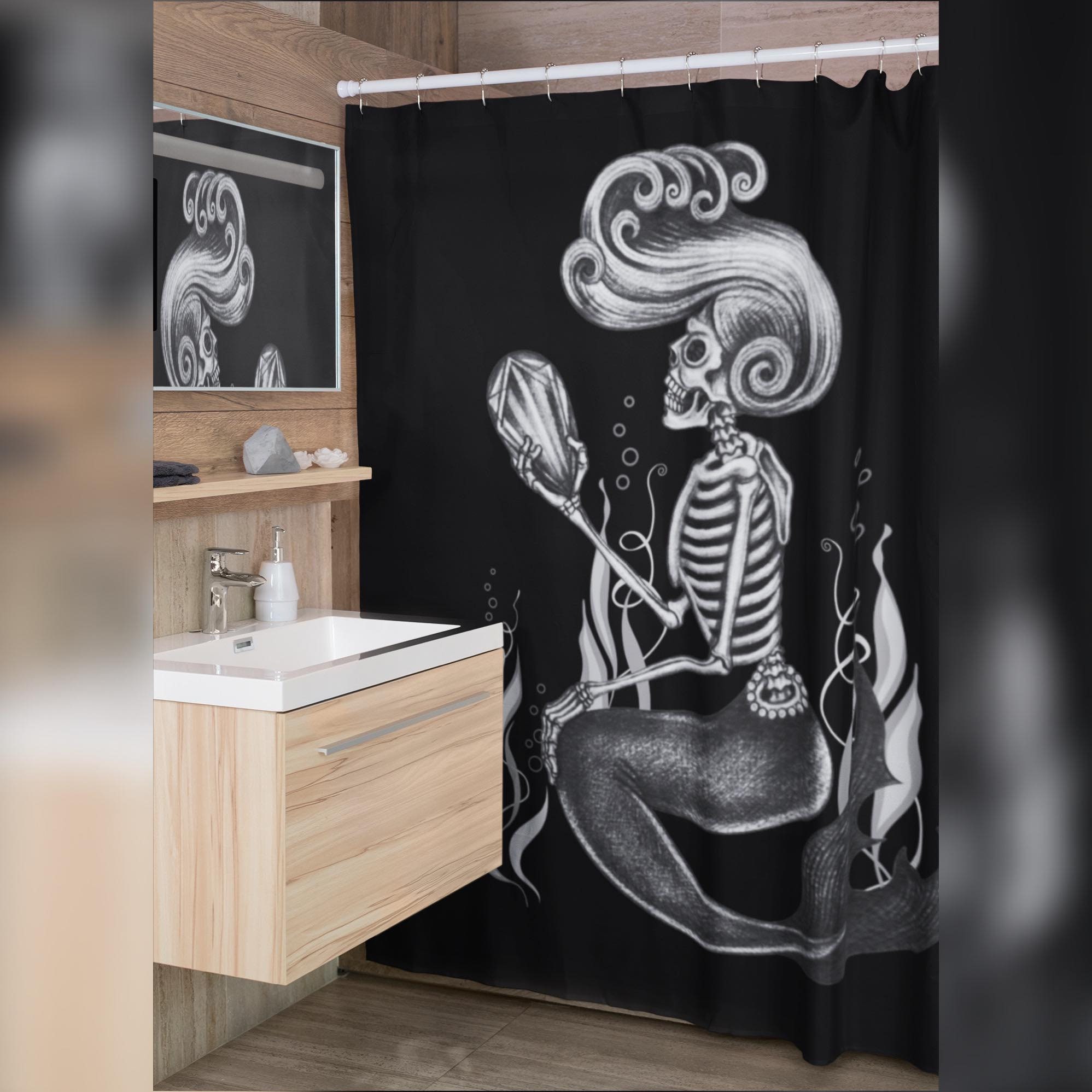 Witchy Shower Curtain With Skeleton Mermaid And Mystic Print For Bathroom