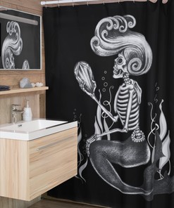 Witchy Shower Curtain With Skeleton Mermaid And Mystic Print For Bathroom