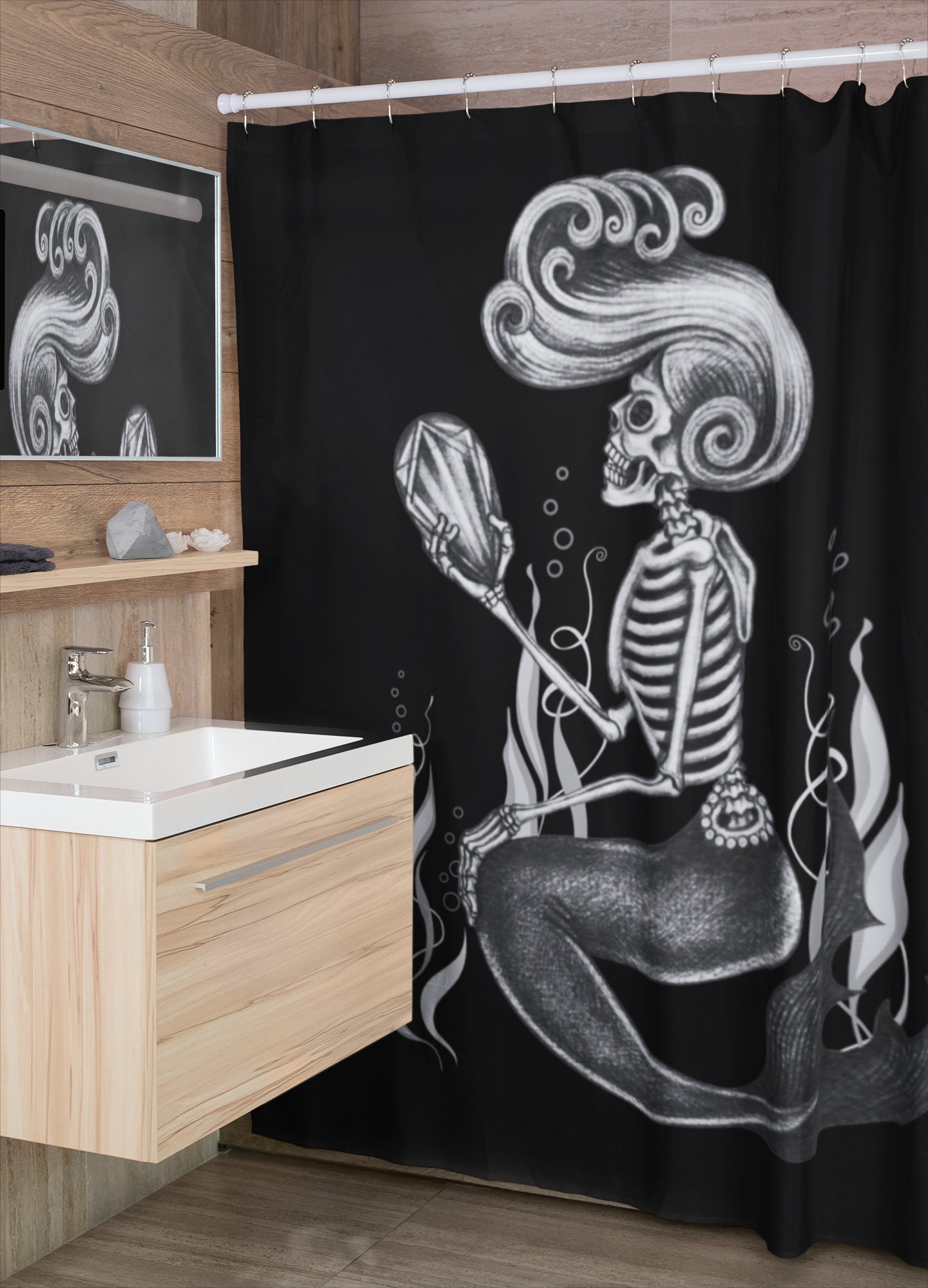 Witchy Shower Curtain With Skeleton Mermaid And Mystic Print For Bathroom