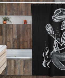 Witchy Shower Curtain With Skeleton Mermaid And Mystic Print For Bathroom