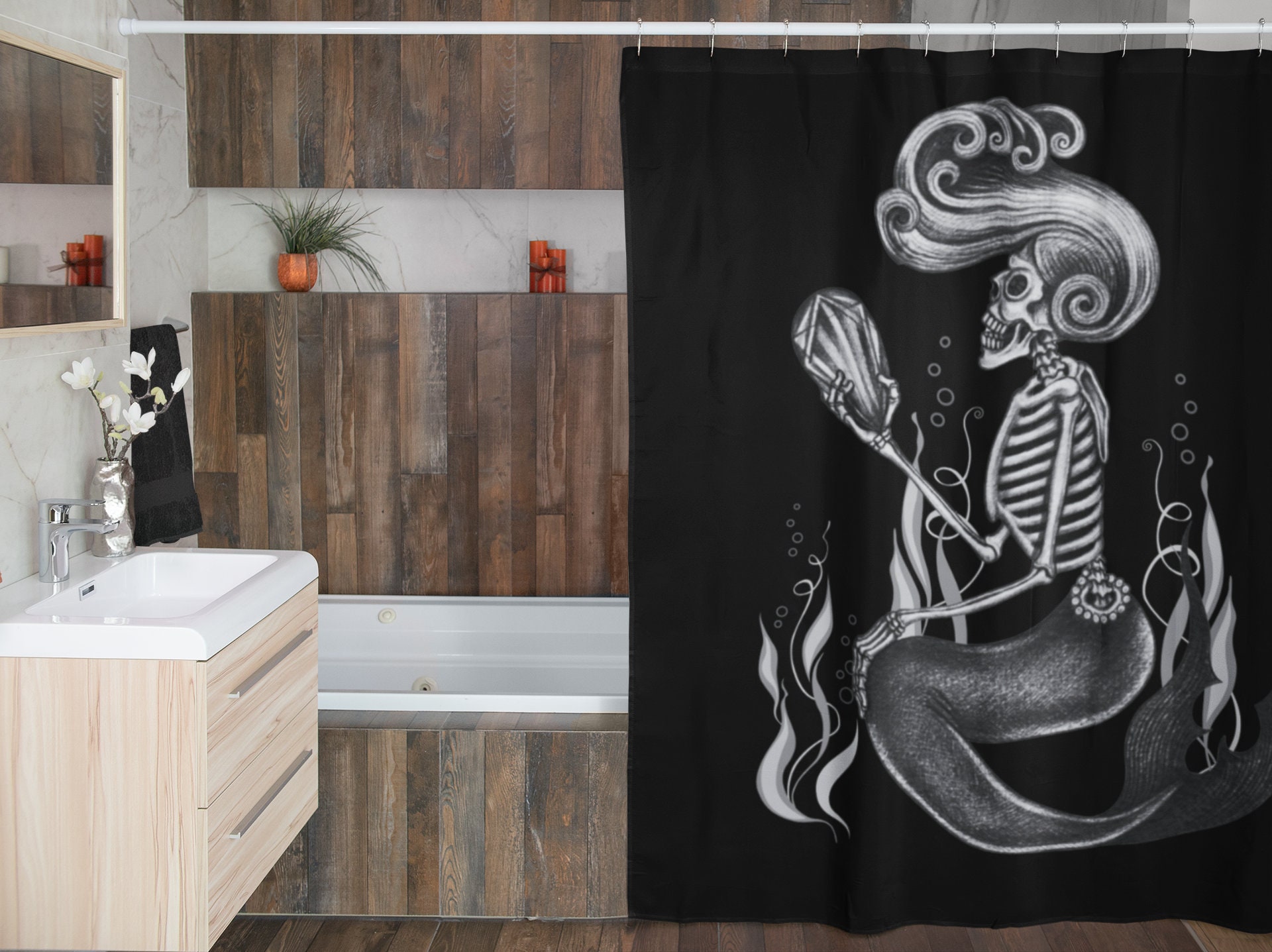 Witchy Shower Curtain With Skeleton Mermaid And Mystic Print For Bathroom