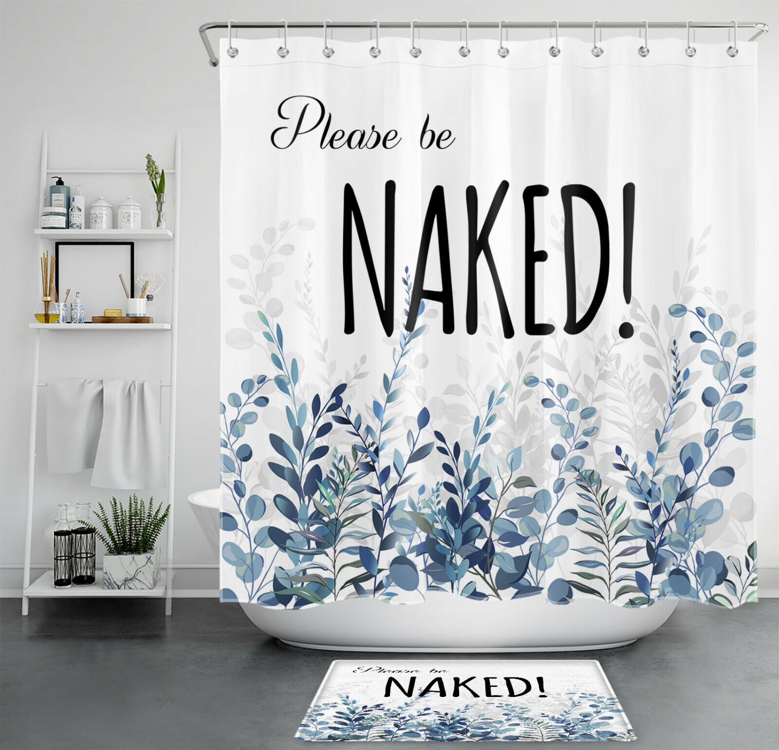 Witty And Funny Green Botanical Blue Leaves Shower Curtain For Bathroom