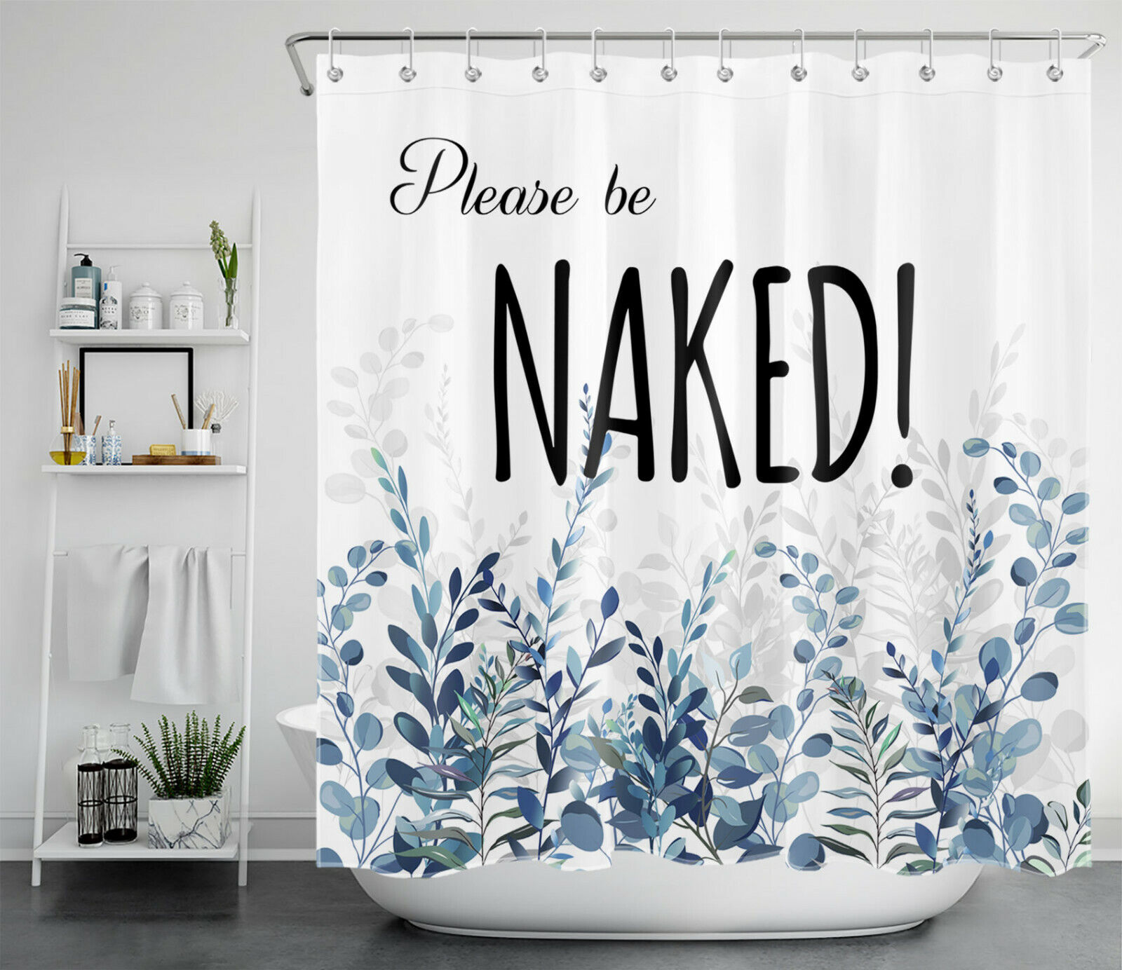 Witty And Funny Green Botanical Blue Leaves Shower Curtain For Bathroom