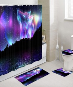 Wolf And Fantasy Aurora Shower Curtain Set With Bathroom Rug And Contour Mat,