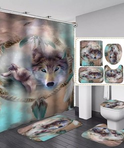 Wolf Blue Eyes Tribal Shower Curtain And Bathroom Rug Set
