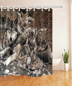 Wolf Family Life Print Waterproof Shower Curtain With Hooks For A Rustic And Wildlife Bathroom Style