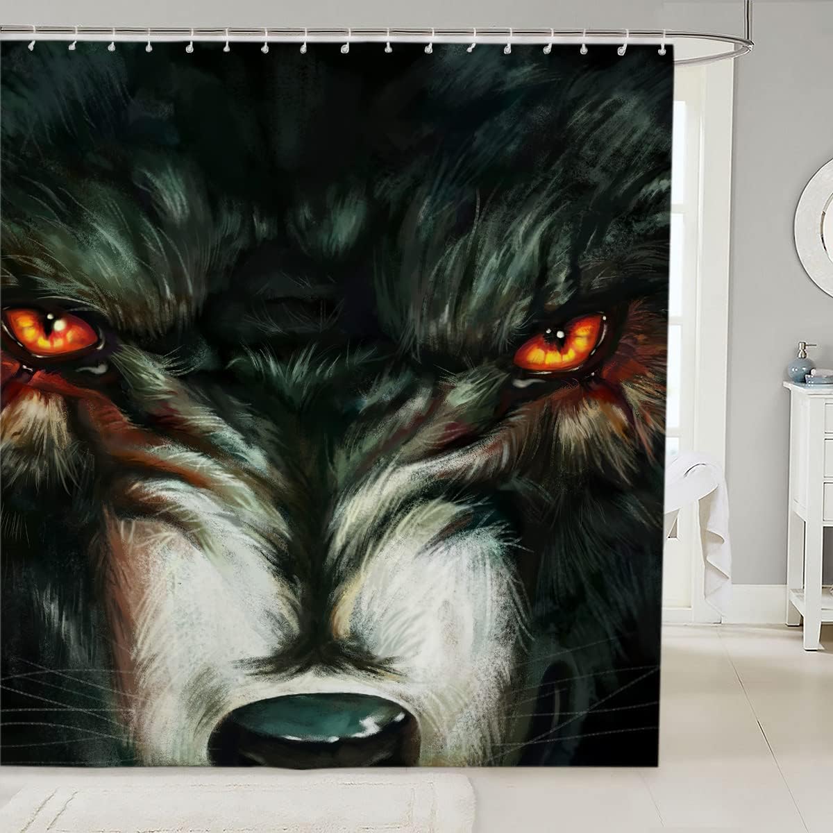 Wolf Forest Cyan Fantasy Animal Print Fabric Shower Curtain