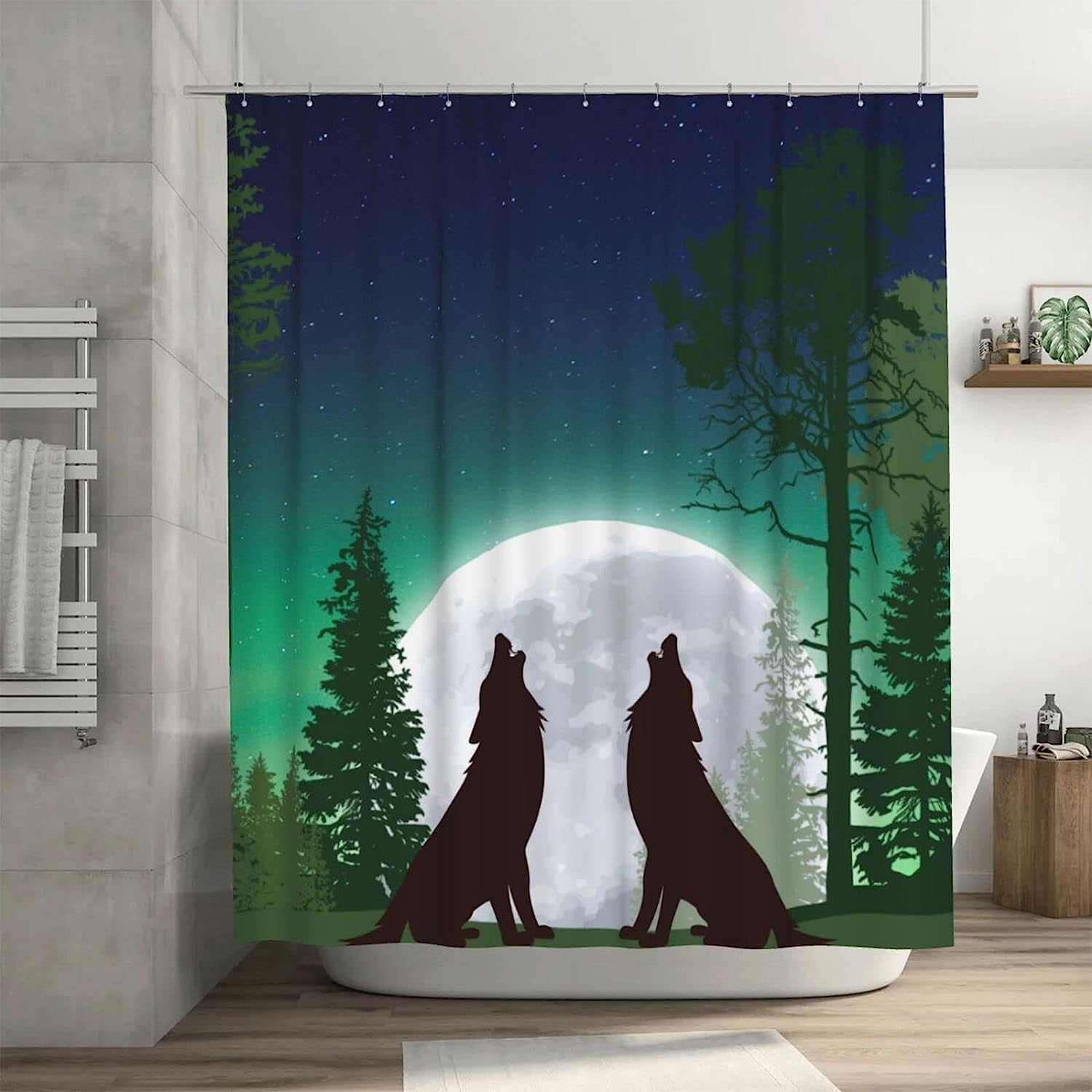 Wolf Forest Moon Shower Curtain for a Wildlife-inspired Bathroom