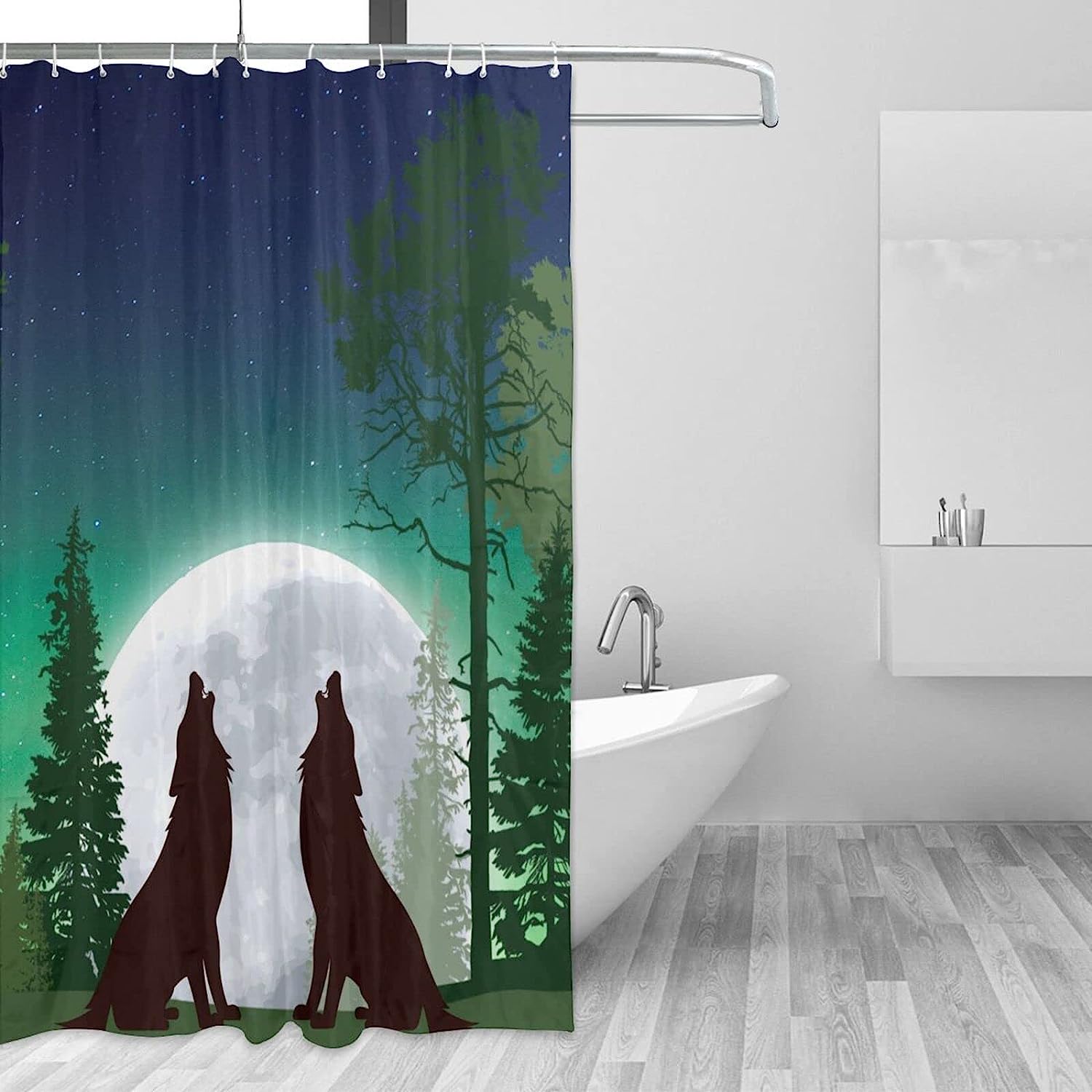 Wolf Forest Moon Shower Curtain for a Wildlife-inspired Bathroom