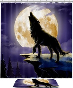 Wolf Forest Night Shower Curtain with Animal Print for Nature and Wildlife Bathroom Decor